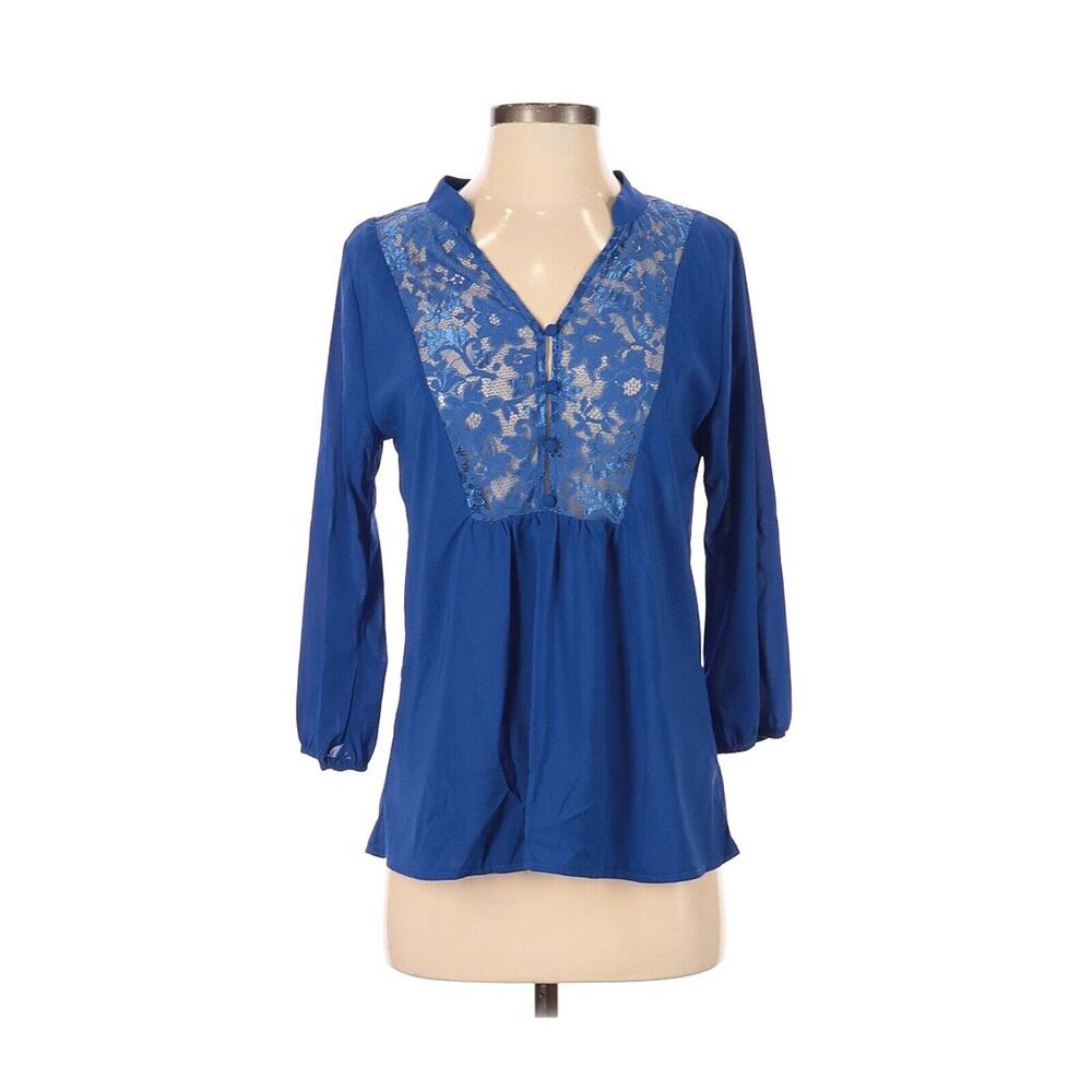 Emmelee Lace Neck Panel Blouse Size Medium Womens Bright Blue 3/4 Sleeve Top M